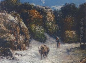 A Woman With A Donkey In A Snowy Landscape