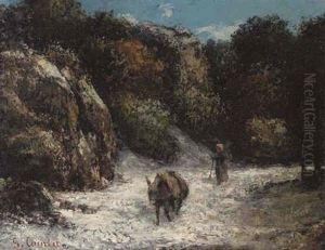 Woman With Donkey In A Snowy Landscape by Gustave Courbet