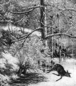 Fallen Stag In Winter Landscape With Ravens Overhead by Gustave Courbet