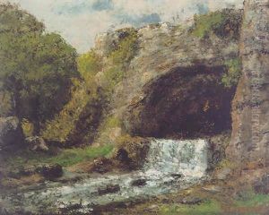La Source Or Waterfall On The Rocks by Gustave Courbet