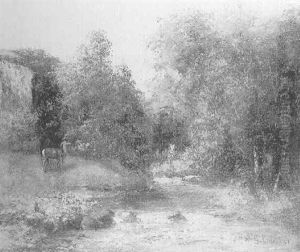 Biche Dans Un Paysage Et Chasseur A L'affut by Gustave Courbet