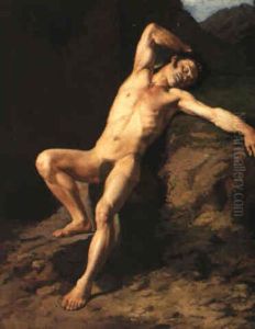 A Male Nude, Full-length, Asleep On A Grassy Bank by Gustave Courbet