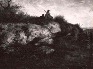 Felslandschaft Mit Rastendem Jager Und Hund (courbet Und    Sein Hund?)... by Gustave Courbet