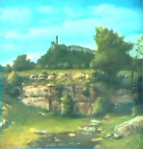 A Rocky Landscape With A Ravine, Artist And His             Workshop by Gustave Courbet