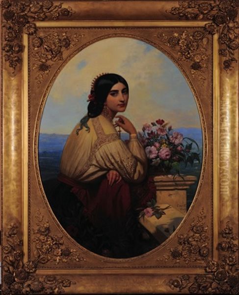 Spanish Beauty On A Terrace, A Basket Of Flowers And View To The Country Road - view 1