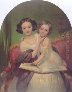 Portrait De Marguerite Louisa Cibiel Et De Marie Aglaure Cibiel Assises Sur Un Sofa, Feuilletant Un Livre by Joseph Desire Court
