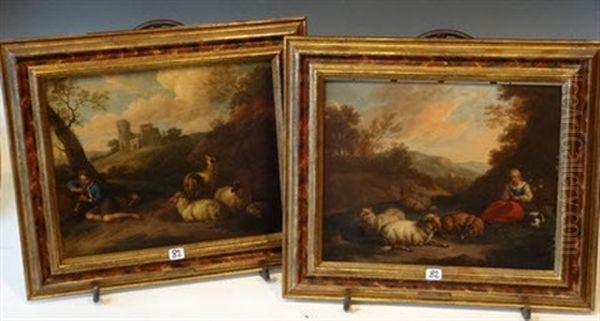 Berger Et Bergere Gardant Leur Troupeau De Moutons (pair) - view 1