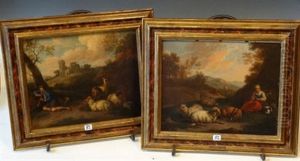 Berger Et Bergere Gardant Leur Troupeau De Moutons (pair) by Martinus De La Court