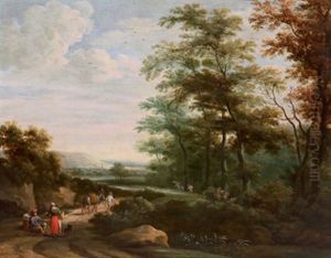 Waldlandschaft Mit Einem Rastenden Paar Und Weiteren Figuren by Martinus De La Court