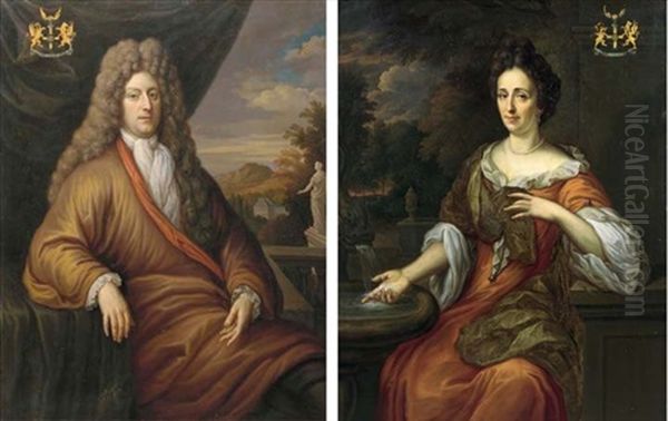 Portrait Of A Nobleman, Of The Asch Van Wijck Family, In A Golden Japansche Rock And Wig, Seated By A Balustrade (+ Portrait Of An Elegant Lady In An Ochre Dress And White Chemise; Pair) - view 1