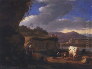 An Italianate Landscape With A Shepherd Couple With Sheep, Cattle And Goats by Martinus De La Court