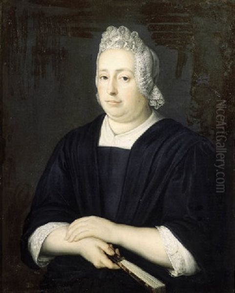 Portrait Of A Lady, Half-length, Wearing A Black Dress With Lace Chemise And Bonnet, Holding A Fan - view 1