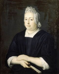 Portrait Of A Lady, Half-length, Wearing A Black Dress With Lace Chemise And Bonnet, Holding A Fan by Martinus De La Court