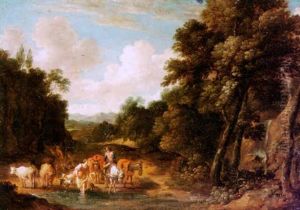 Bewaldete Landschaft Mit Bauer Und Vieh In Einer Furt Bewaldete Landschaft Mit Bauer Und Vieh In Einer Furt