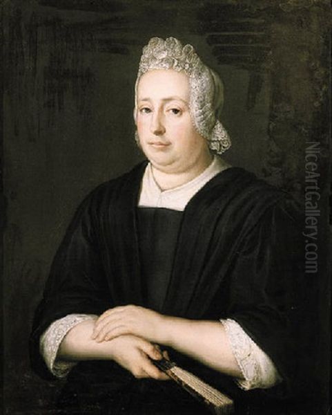 Portrait Of A Lady, Wearing A Black Dress With Lace Chemise And Bonnet, Holding A Fan In Her Right Hand - view 1