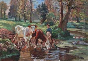 A Milkmaid And Two Cows At A Watering Hole