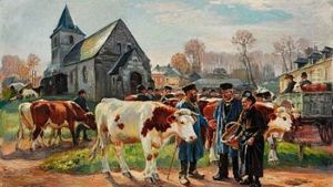 A Village Market Square With Farmers And Cattle by Raymond (Louis) le Court