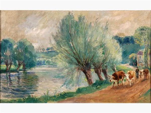 Les Vaches Retournant A Letable Pres De La Riviere - view 1