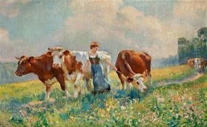 The Cows Are Being Brought Home For Milking by Raymond (Louis) le Court