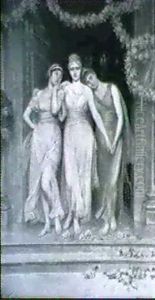 Die Drei Grazien In Antikisierenden Gewandern Vor Einem Mit Rosengirlanden Gezierten Portal by Angelo comte de Courten