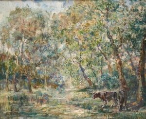 Deux Vaches Au Bord De La Clairiere by Franz Courtens