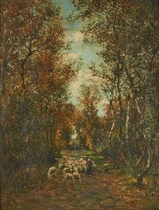 Troupeau De Moutons Avec Bergere Dans Une Allee En Foret Troupeau De Moutons Avec Bergere Dans Une Allee En Foret
