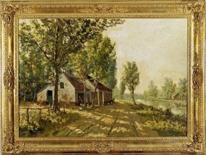 Fermiere Et Poulailler Au Bord Du Canal by Franz Courtens