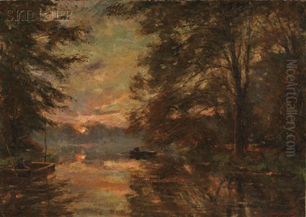 Lake View With Boaters At Sunset - view 1