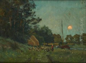 La Conduite Du Troupeau Au Bord Du Canal Au Coucher Du Soleil by Franz Courtens