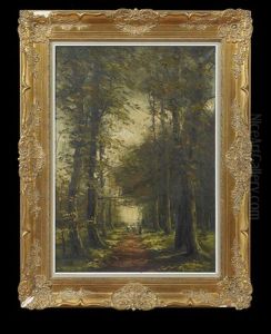 Wooded Interior With Figure And Cattle On A Path