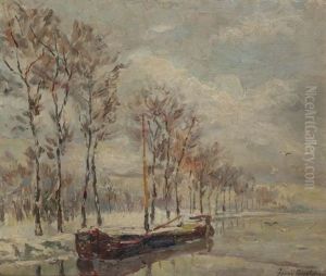 Vue D'un Canal En Hiver Avec Voilier Ammare by Franz Courtens