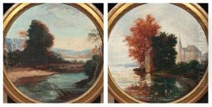 Vue D'une Eglise Pres D'un Bosquet (+ Vue D'un Etang; Pair)