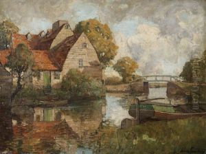 Vue D'une Ecluse Avec Bateau Ammare by Franz Courtens