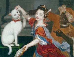 Eine Junge Dame Beim Spiel Mit Ihrer Katze, Rechts Ein Mohrenpage