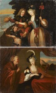 Elegante Et Femme Agee Dans Un Interieur (+ Couple De Pelerins En Route Pour Saint Jacques De Compostelle; Pair) by Jacques-Francois Courtin