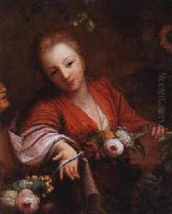 Portrait Of A Girl Making A Posy Of Flowers by Jacques-Francois Courtin