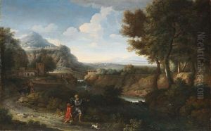 Flusslandschaft Mit Einem Alten Orientalen Und Einem Kind Im Vordergrund by Guillaume Courtois