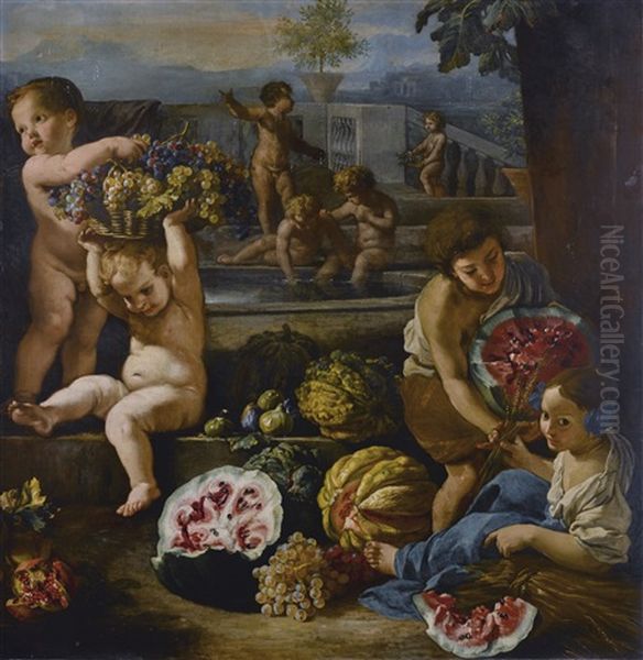 Putti And Children Surrounded By Fruit, Formal Gardens Beyond - view 1