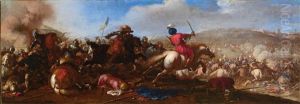 Battle Scene With Cavalry Between Turks And Christians; And Battle Scenes With Cavalry Between Turks And Christians by Jacques Courtois