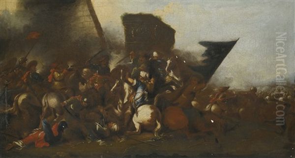 Two Battle Scenes Depicting A Cavalry Skirmish, Military Encampments Beyond by Jacques Courtois