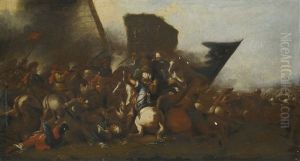 Two Battle Scenes Depicting A Cavalry Skirmish, Military Encampments Beyond by Jacques Courtois
