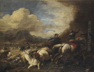 A Cavalry Skirmish In A Mountainous Landscape by Jacques Courtois