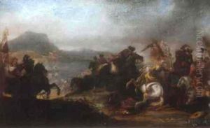 A Cavalry Skirmish On A Hill Before An Extensive Landscape by Jacques Courtois