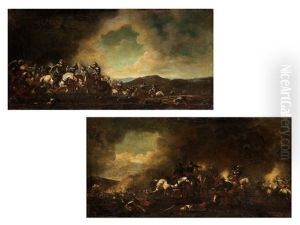 Zwei Schlachtenbilder Mit Darstellung Von Kavalleriegefechten In Wolkiger Landschaft Mit Hochziehenden Rauchwolken (pair)