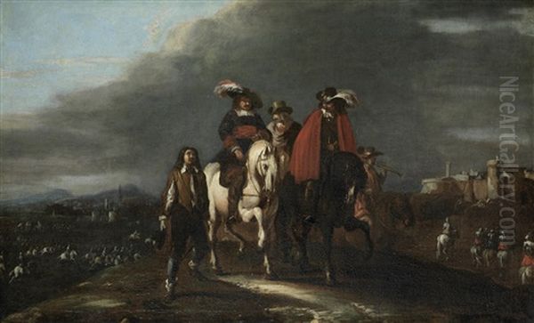 Soldiers Departing For The Battlefield; And Officers Approaching A Fortified Village, With A Battlefield In The Distance (pair) - view 1