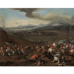 A Cavalry Skirmish On The Hills Above A Walled Town