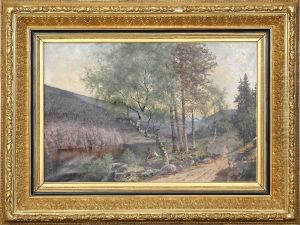 Insjolandskap Med Jagare Och Hund, Signerad Alexis Ankarcrona 83 by Alexis Ankarcrona