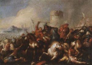 Reiterschlacht. Im Hintergrund Eine Brennende Stadt by Jacques Courtois