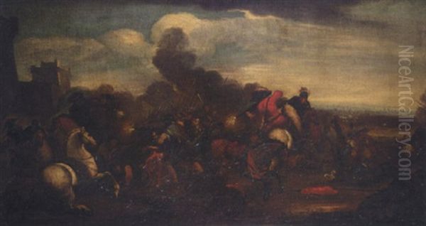 A Battle Scene With Cavaliers And Infantry Before A Fortified Town - view 1