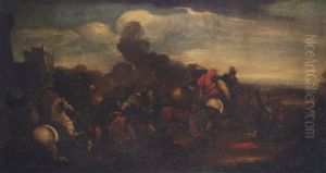 A Battle Scene With Cavaliers And Infantry Before A Fortified Town by Jacques Courtois